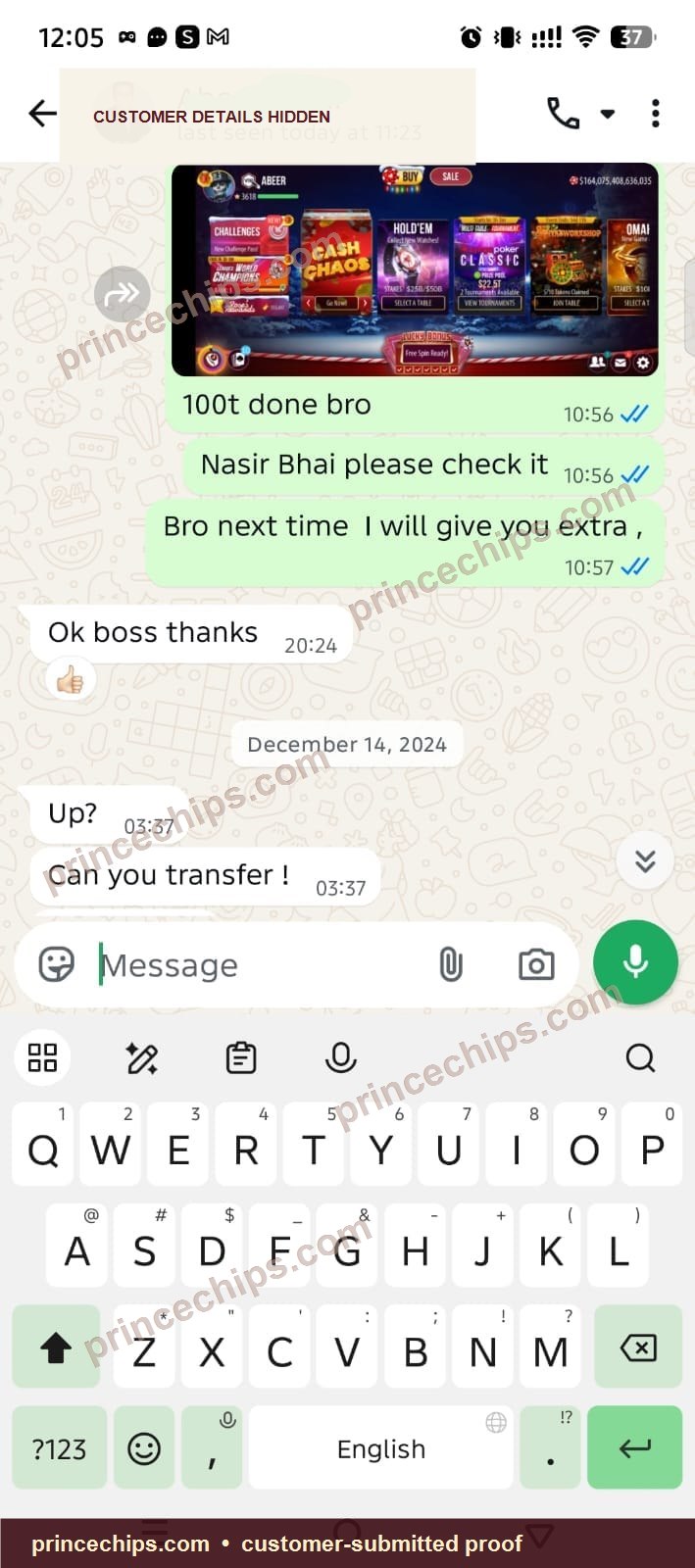 WhatsApp chat showing 100T delivery with game screenshot
