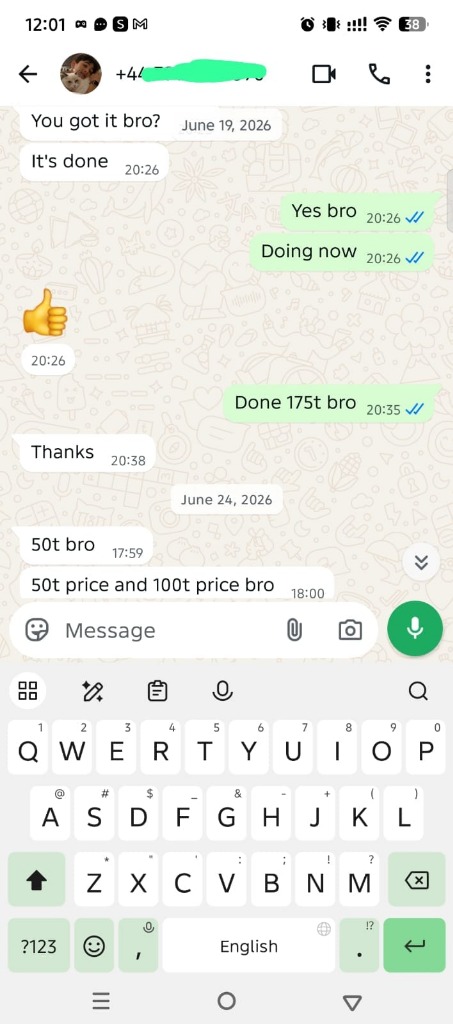 WhatsApp chat – 175T delivery confirmed with thumbs up