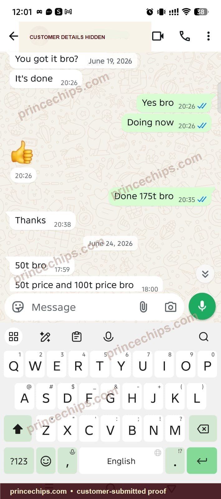 WhatsApp chat showing 175T chip delivery confirmation