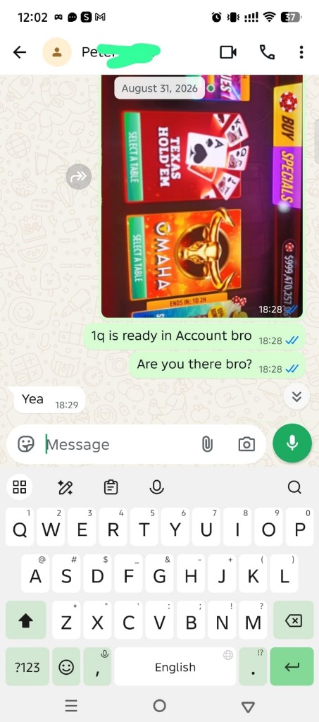 WhatsApp chat – 1Q chips loaded in account with game screenshot