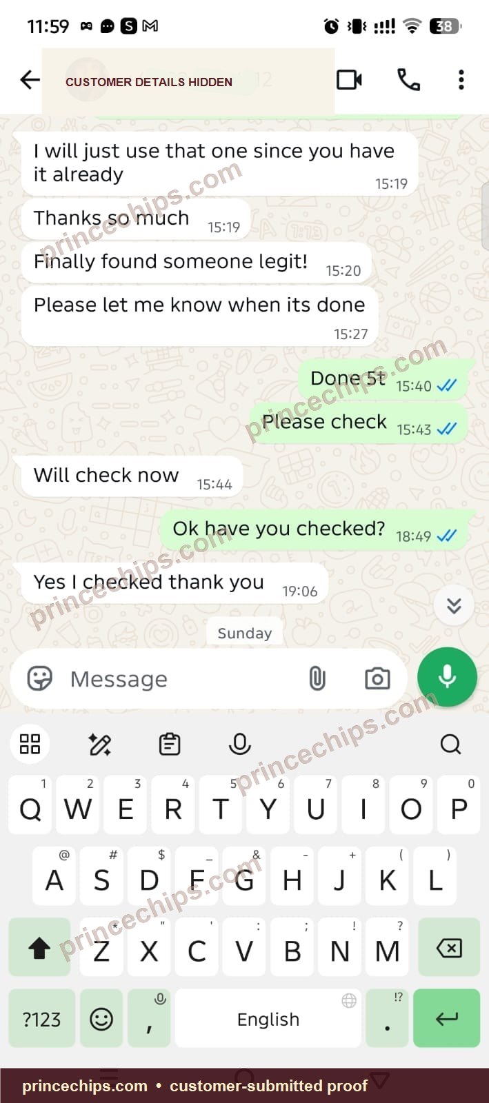 WhatsApp chat showing 5T delivery and positive review