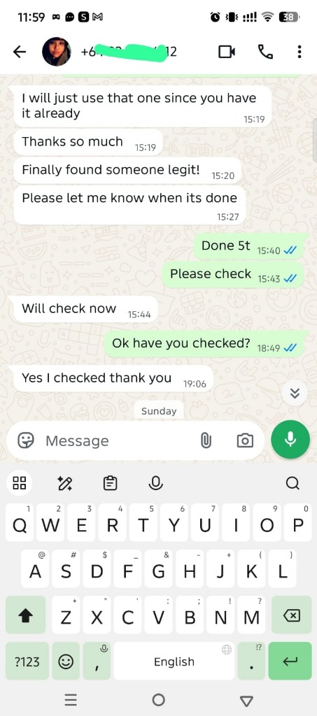 WhatsApp chat – client says Finally found someone legit, 5T delivered
