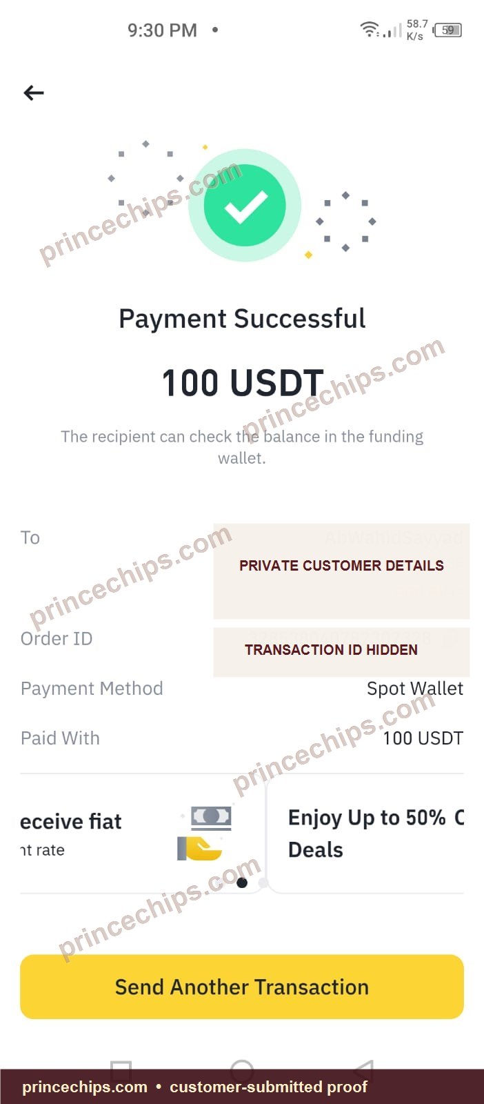 USDT payment screenshot – 100 USDT received