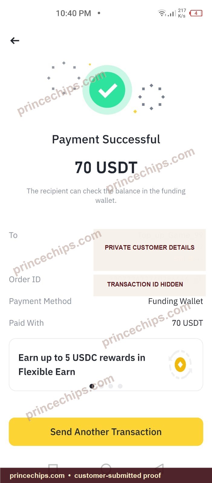 USDT payment screenshot – 70 USDT received