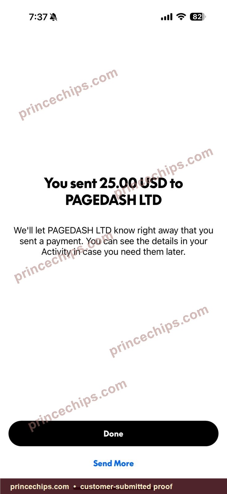 PayPal payment screenshot – $25 USD received