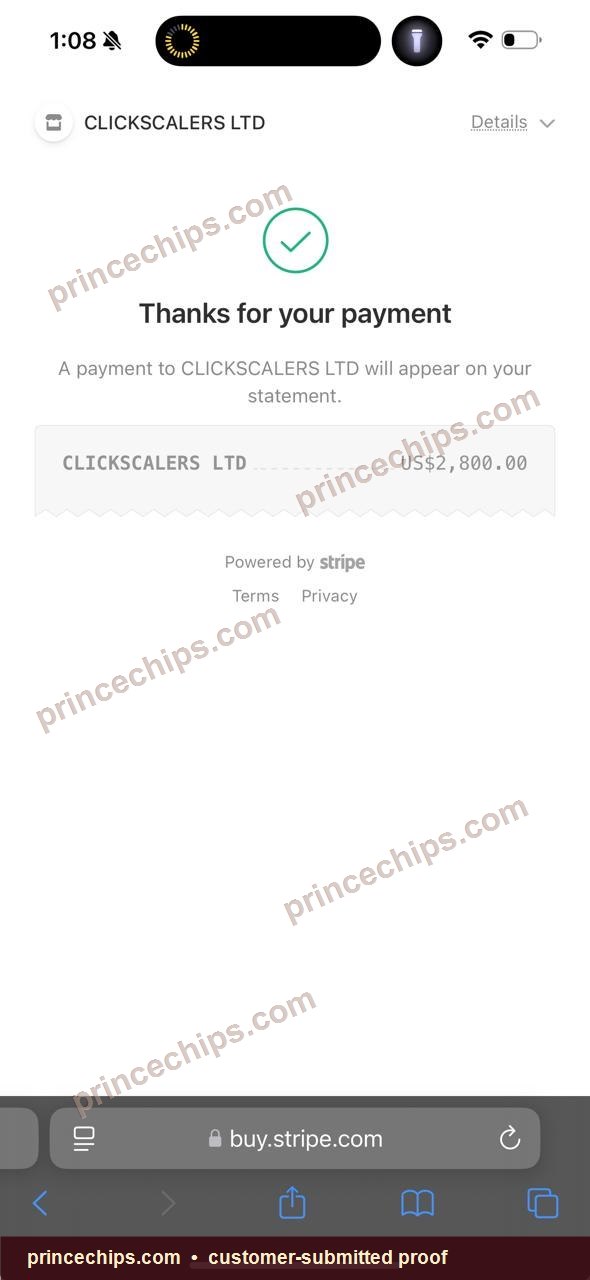 Stripe payment screenshot – $2,800 USD received